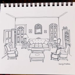 A hand-drawn sketch capturing the Achrafieh house scene from the play 'Mesh Makhtaleen' by George Khabbaz, showcasing all the specific elements as seen in the play