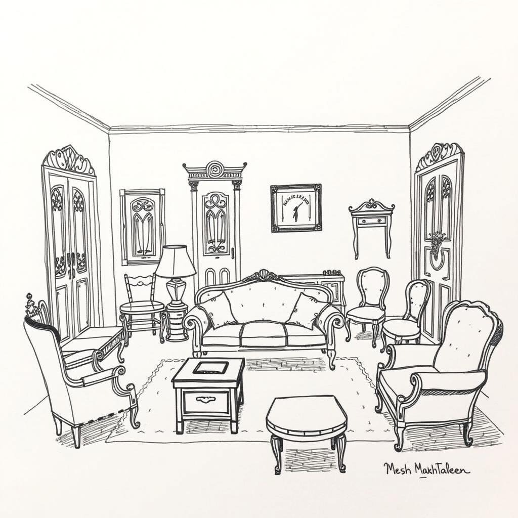 A hand-drawn sketch capturing the Achrafieh house scene from the play 'Mesh Makhtaleen' by George Khabbaz, showcasing all the specific elements as seen in the play