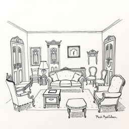 A hand-drawn sketch capturing the Achrafieh house scene from the play 'Mesh Makhtaleen' by George Khabbaz, showcasing all the specific elements as seen in the play