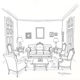 A hand-drawn sketch capturing the Achrafieh house scene from the play 'Mesh Makhtaleen' by George Khabbaz, showcasing all the specific elements as seen in the play
