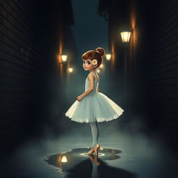 A graceful ballerina girl in an elegant tutu and ballet shoes, standing in a dimly lit, narrow alleyway