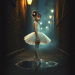 A graceful ballerina girl in an elegant tutu and ballet shoes, standing in a dimly lit, narrow alleyway