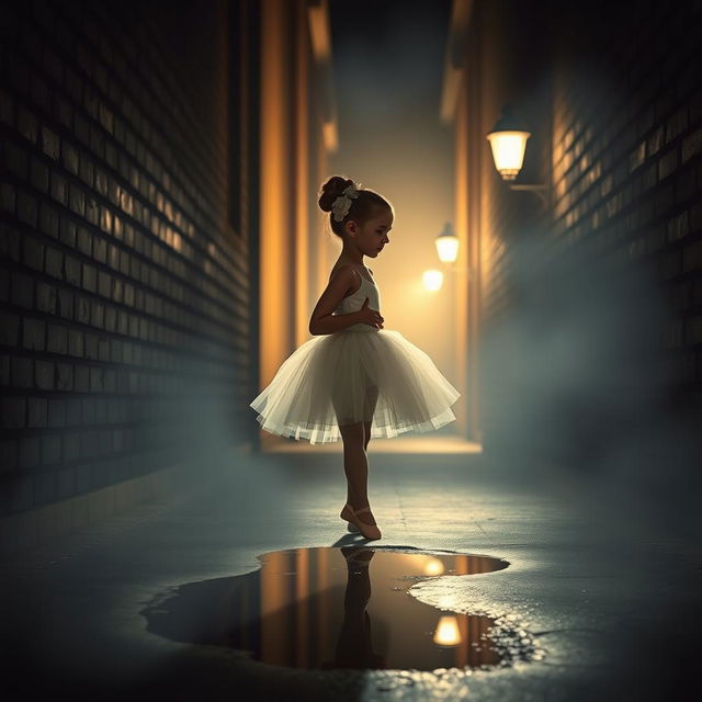 A graceful ballerina girl in an elegant tutu and ballet shoes, standing in a dimly lit, narrow alleyway