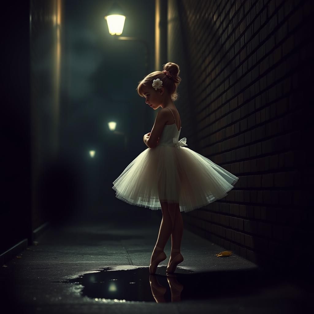 A graceful ballerina girl in an elegant tutu and ballet shoes, standing in a dimly lit, narrow alleyway