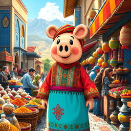 A vibrant and lively scene depicting a traditional Iranian peppa, showing the daily life in a colorful market