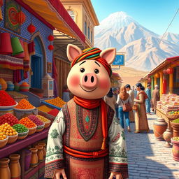 A vibrant and lively scene depicting a traditional Iranian peppa, showing the daily life in a colorful market