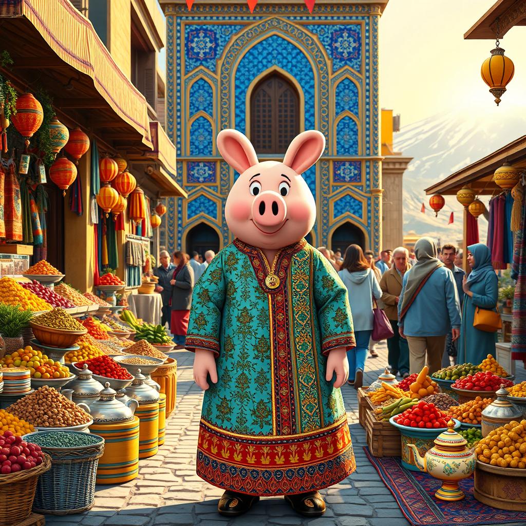 A vibrant and lively scene depicting a traditional Iranian peppa, showing the daily life in a colorful market