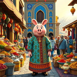 A vibrant and lively scene depicting a traditional Iranian peppa, showing the daily life in a colorful market