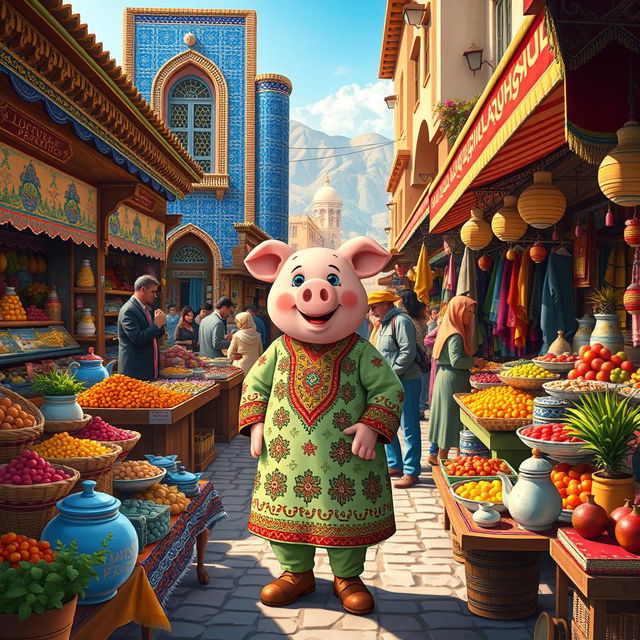 A vibrant and lively scene depicting a traditional Iranian peppa, showing the daily life in a colorful market