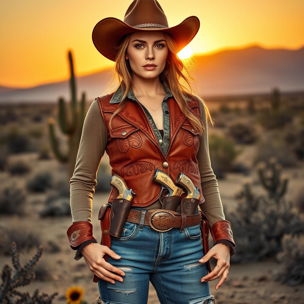 A full-bodied portrait of a confident western woman standing in a rugged desert landscape, wearing a classic cowboy hat, a leather vest adorned with intricate designs, and rugged jeans