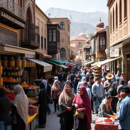 A vibrant street scene in Iran showcasing everyday life, featuring bustling markets filled with colorful spices, fruits, and traditional handicrafts
