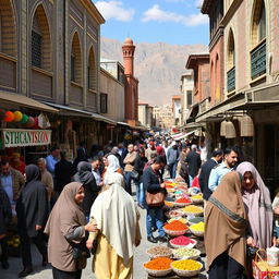 A vibrant street scene in Iran showcasing everyday life, featuring bustling markets filled with colorful spices, fruits, and traditional handicrafts