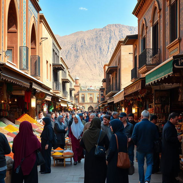 A vibrant street scene in Iran showcasing everyday life, featuring bustling markets filled with colorful spices, fruits, and traditional handicrafts