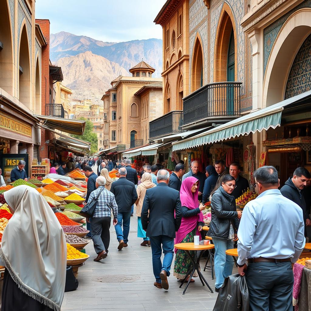 A vibrant street scene in Iran showcasing everyday life, featuring bustling markets filled with colorful spices, fruits, and traditional handicrafts