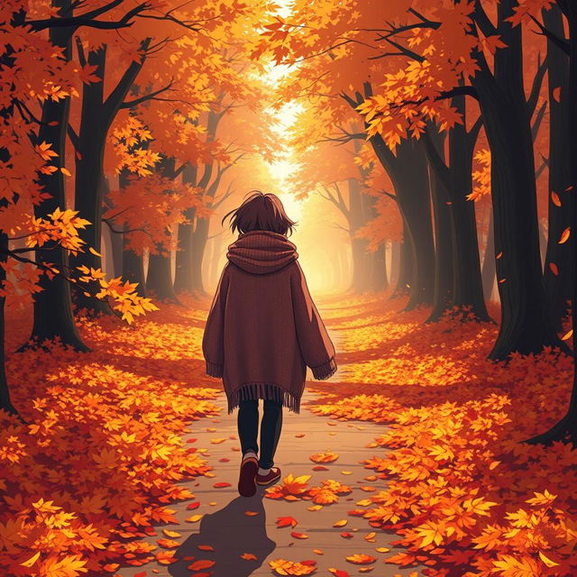 An anime-style scene depicting a lone figure walking down a leaf-covered pathway in a beautiful autumn forest