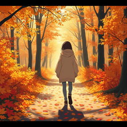 An anime-style scene depicting a lone figure walking down a leaf-covered pathway in a beautiful autumn forest