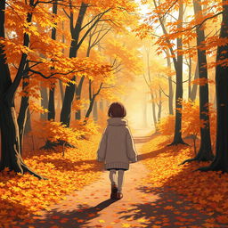 An anime-style scene depicting a lone figure walking down a leaf-covered pathway in a beautiful autumn forest