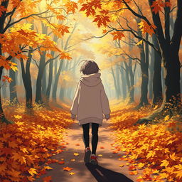 An anime-style scene depicting a lone figure walking down a leaf-covered pathway in a beautiful autumn forest
