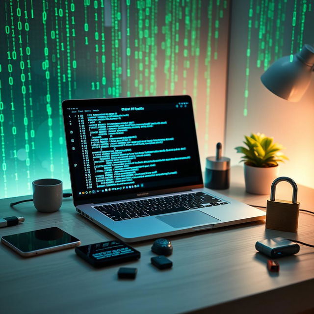 An aesthetic representation of ethical hacking, featuring a sleek modern laptop open on a desk with glowing code on the screen