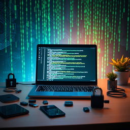 An aesthetic representation of ethical hacking, featuring a sleek modern laptop open on a desk with glowing code on the screen