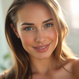 A portrait of a beautiful woman with flawless skin, great lighting that highlights her features, and absolutely no shadows on her face