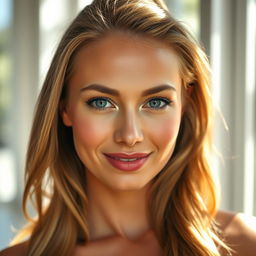 A portrait of a beautiful woman with flawless skin, great lighting that highlights her features, and absolutely no shadows on her face