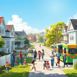 A vibrant street scene depicting daily life in an American suburb