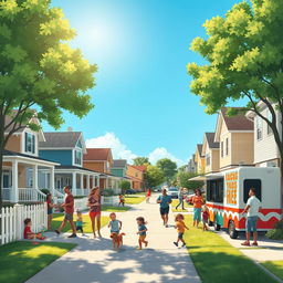 A vibrant street scene depicting daily life in an American suburb