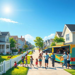 A vibrant street scene depicting daily life in an American suburb