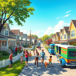 A vibrant street scene depicting daily life in an American suburb