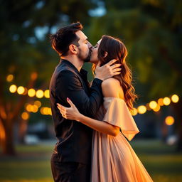 A romantic scene depicting Georgina Rodriguez kissing Lionel Messi passionately
