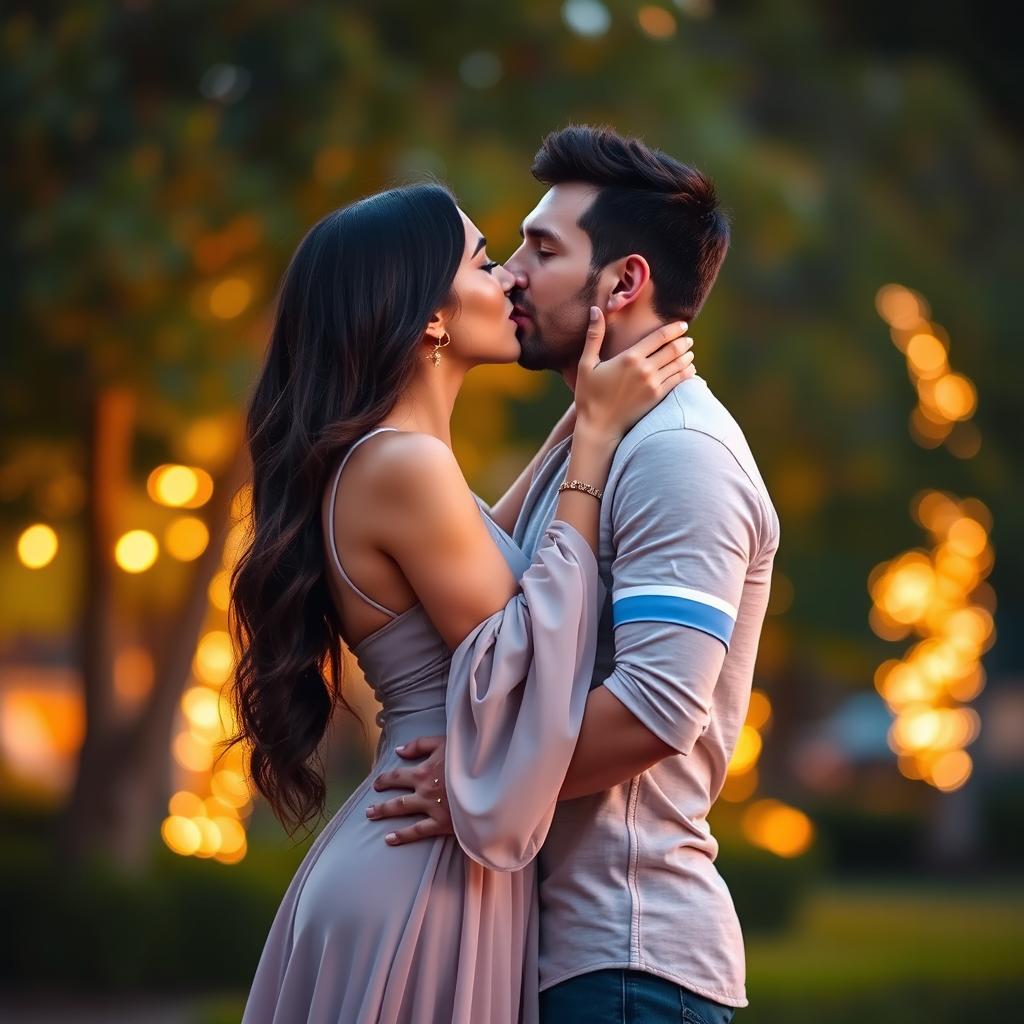 A romantic scene depicting Georgina Rodriguez kissing Lionel Messi passionately
