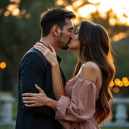 A romantic scene depicting Georgina Rodriguez kissing Lionel Messi passionately