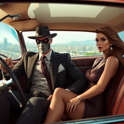 A stylish spy character from the Team Fortress 2 game, dressed in his signature suit and mask, sitting casually in an old Cadillac car