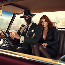 A stylish spy character from the Team Fortress 2 game, dressed in his signature suit and mask, sitting casually in an old Cadillac car