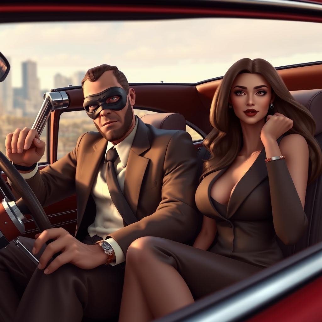 A stylish spy character from the Team Fortress 2 game, dressed in his signature suit and mask, sitting casually in an old Cadillac car