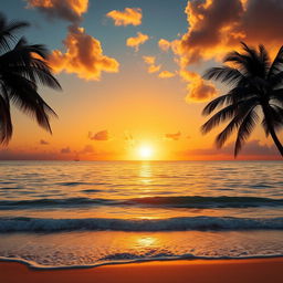 A vibrant sunset over a tranquil ocean with golden and orange hues reflecting on the water