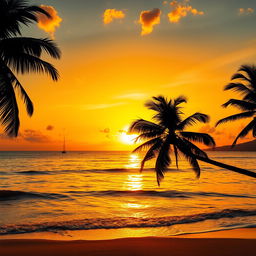 A vibrant sunset over a tranquil ocean with golden and orange hues reflecting on the water