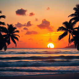 A vibrant sunset over a tranquil ocean with golden and orange hues reflecting on the water