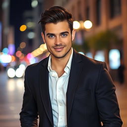 A handsome man with strong features, deep blue eyes, and a charming smile, wearing a well-fitted dark blazer over a crisp white shirt