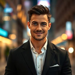 A handsome man with strong features, deep blue eyes, and a charming smile, wearing a well-fitted dark blazer over a crisp white shirt