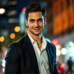 A handsome man with strong features, deep blue eyes, and a charming smile, wearing a well-fitted dark blazer over a crisp white shirt