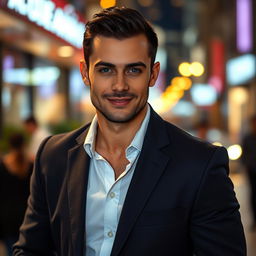 A handsome man with strong features, deep blue eyes, and a charming smile, wearing a well-fitted dark blazer over a crisp white shirt