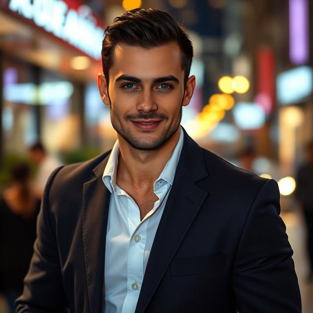 A handsome man with strong features, deep blue eyes, and a charming smile, wearing a well-fitted dark blazer over a crisp white shirt