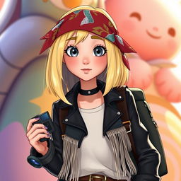 A Disney-style character, a girl with shoulder-length straight blond hair and gray eyes