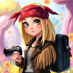 A Disney-style character, a girl with shoulder-length straight blond hair and gray eyes