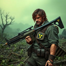 A skilled ranger in a post-apocalyptic radioactive zone, armed with a unique crossbow that resembles a bolt-action rifle