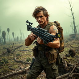A skilled ranger in a post-apocalyptic radioactive zone, armed with a unique crossbow that resembles a bolt-action rifle