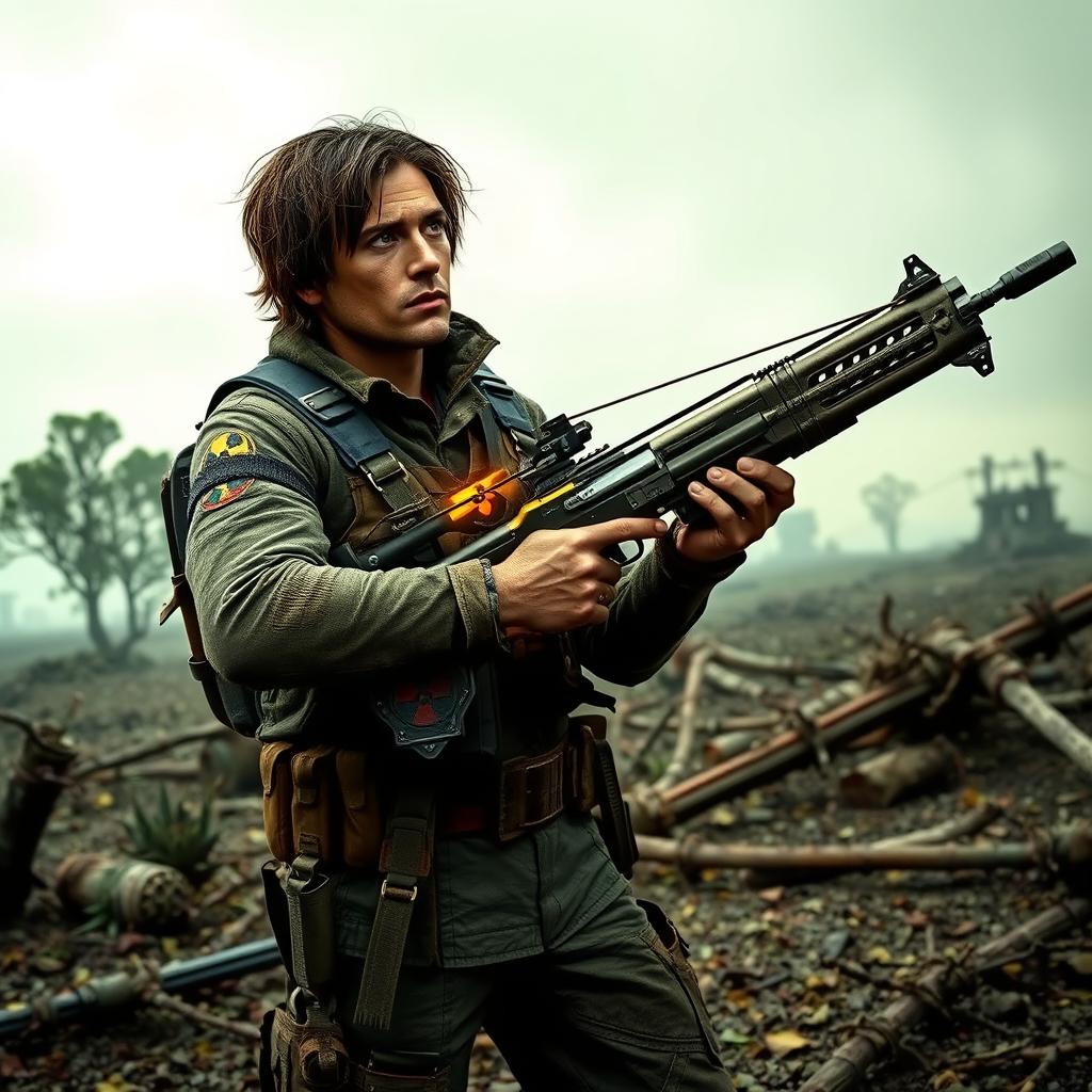 A skilled ranger in a post-apocalyptic radioactive zone, armed with a unique crossbow that resembles a bolt-action rifle