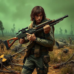 A skilled ranger in a post-apocalyptic radioactive zone, armed with a unique crossbow that resembles a bolt-action rifle